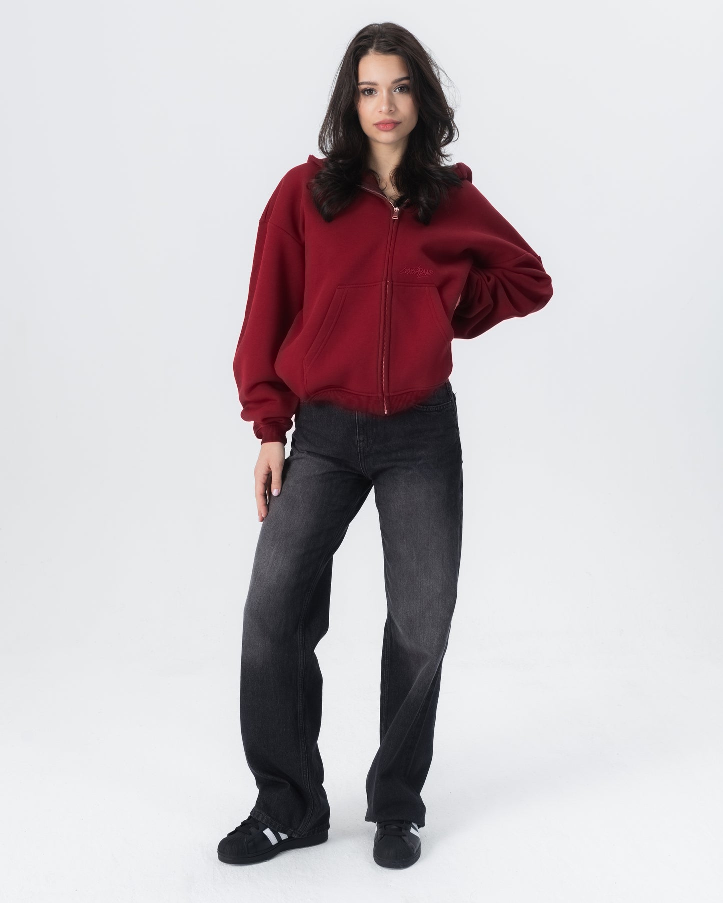 CRYSTALAND ESSENTIAL BURGUNDY ZIP HOODIE