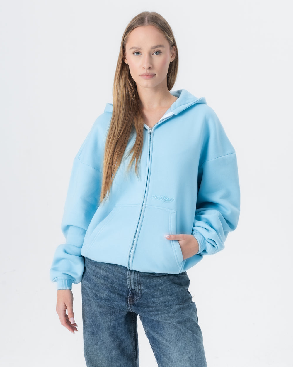 CRYSTALAND ESSENTIAL BABY BLUE ZIP HOODIE