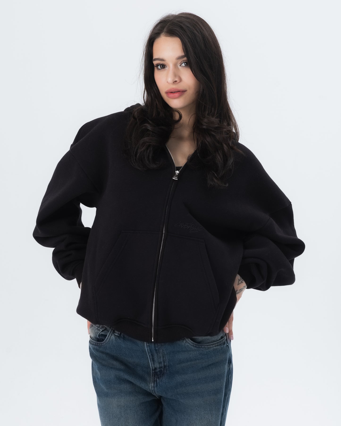 CRYSTALAND ESSENTIAL BLACK ZIP HOODIE