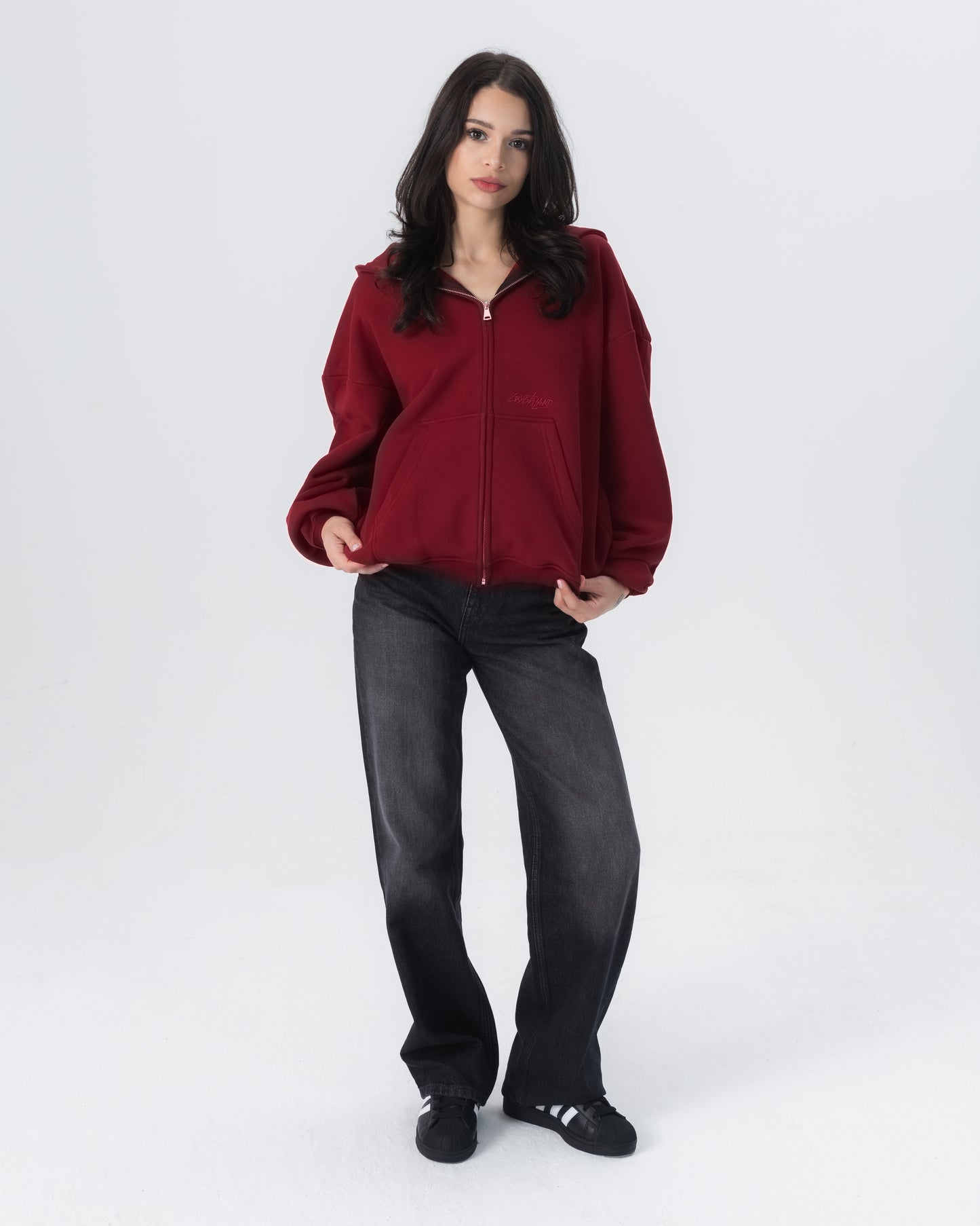 CRYSTALAND ESSENTIAL BURGUNDY ZIP HOODIE