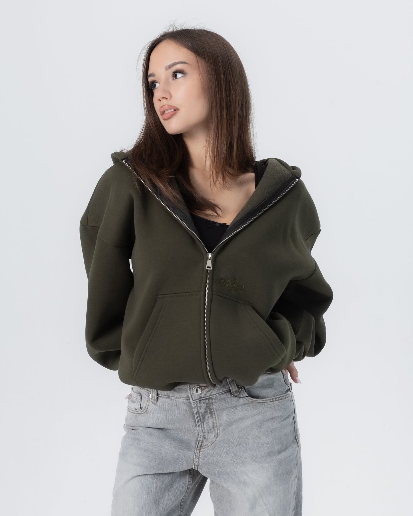 CRYSTALAND ESSENTIAL KHAKI ZIP HOODIE