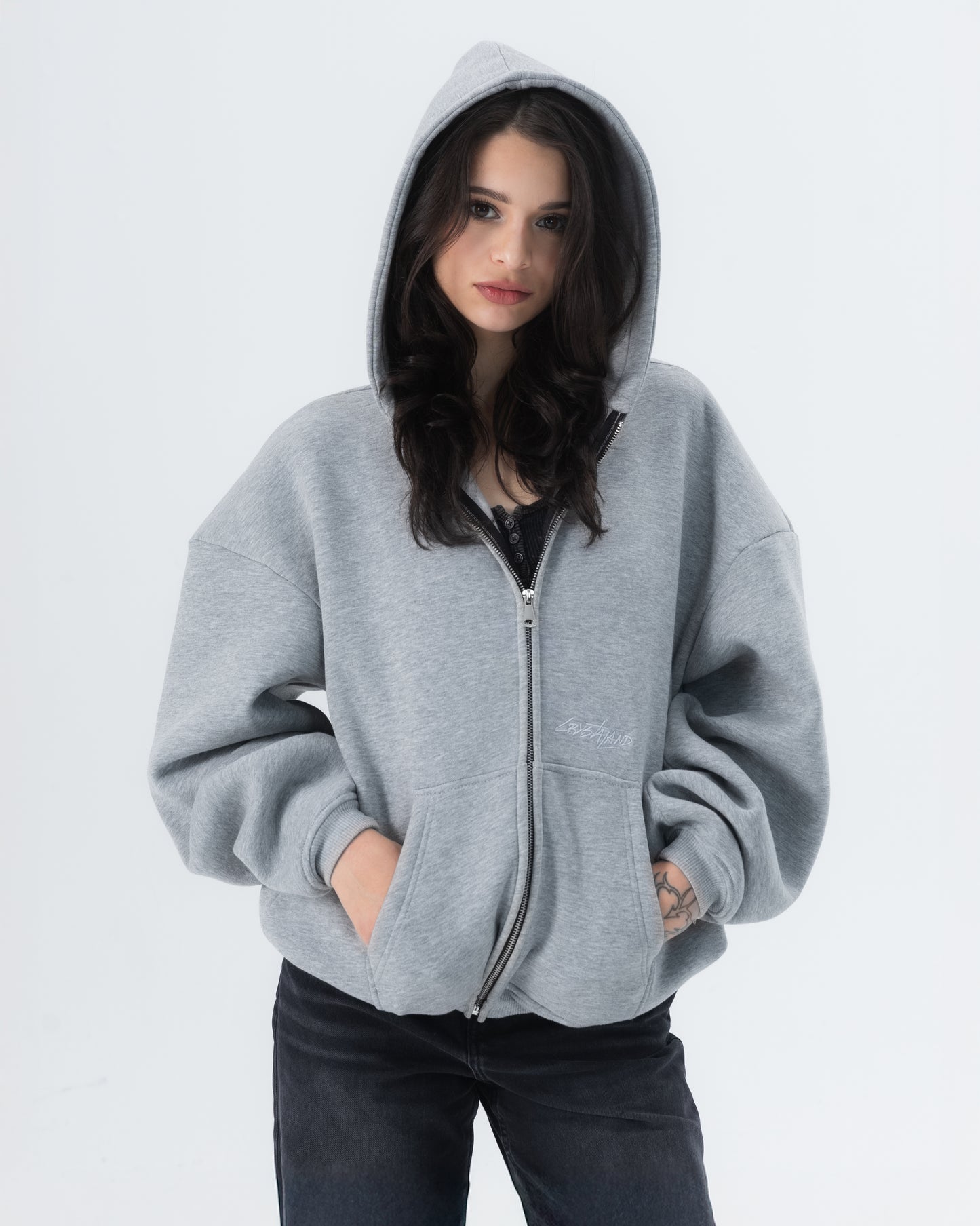 CRYSTALAND ESSENTIAL GREY ZIP HOODIE